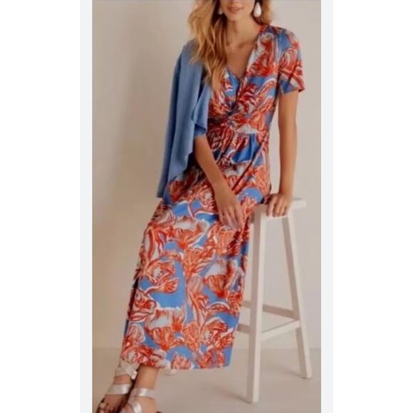 Soft Surroundings Spritzer Maxi Dress Womens XL Blue Red Twist Front Beachy Long - Picture 4 of 10